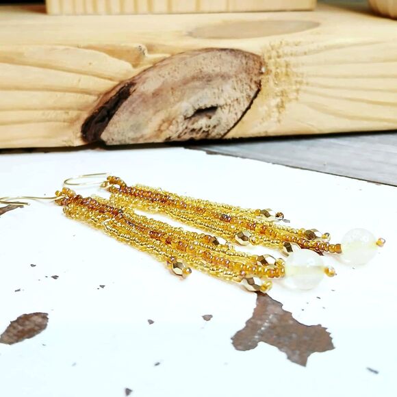 Gold Rush Citrine Beaded Fringe Dangle Earrings, Gemstone Jewelry 4" - Picture 7 of 8